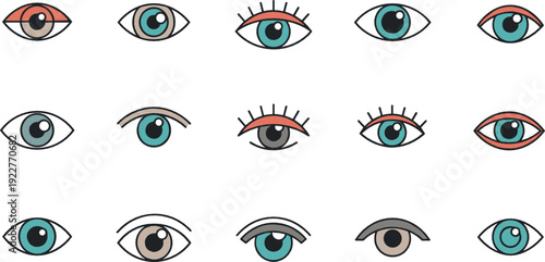Human eye icon set flat vector collection of different eye shapes and expressions isolated on light background