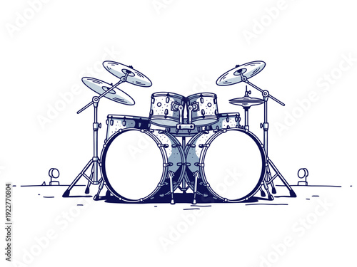 Cartoon Drum Kit Illustration with Blue Accents on White Background Hand Drawn Style Percussion Instrument Set for Music and Entertainment