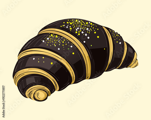 Artistic charcoal croissant with golden swirl patterns and glittery finish for boutique bakery shop window display icons - Vector Illustration