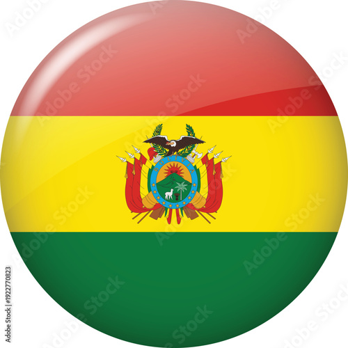 Bolivia National Flag Round Glossy Button With Official Coat Of Arms Emblem