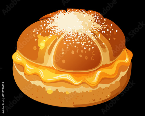Sweet glazed bun with creamy orange filling and sugar dusting for delicious breakfast bakery advertisement and posters - Vector Illustration