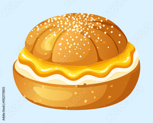Round pastry bun topped with white sesame seeds and filled with sweet citrus marmalade for bakery shop - Vector Illustration