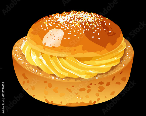 Fluffy sweet bun with creamy yellow custard filling and sugar sprinkles for traditional bakery store digital marketing - Vector Illustration
