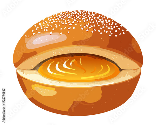 Golden toasted bagel with melted cheese and savory orange glaze for breakfast sandwich shop menu and branding - Vector Illustration