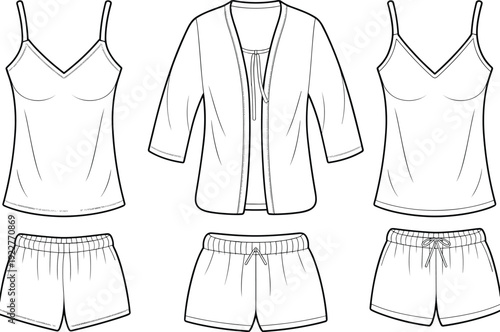 Women fashion technical sketch of sleepwear set including camisole tops with spaghetti straps shorts with drawstring and open front cardigan robe vector flat sketches