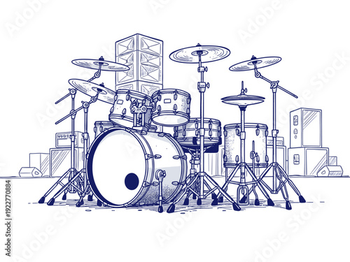 Hand drawn blueprint illustration of a drum kit with concert stage speakers and audio equipment for music events and performances