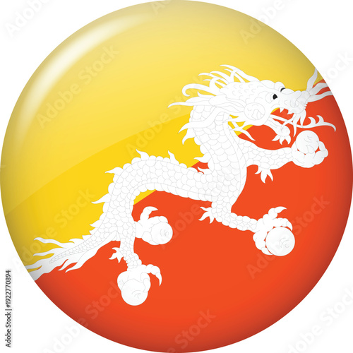 Bhutan National Flag Round Glossy Button With White Dragon Symbol