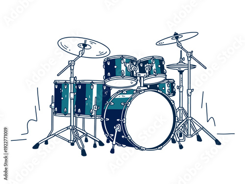 Stylized drum set illustration line art with blue and teal details. Full drum kit for music, concert, band, rhythm, and percussion concepts