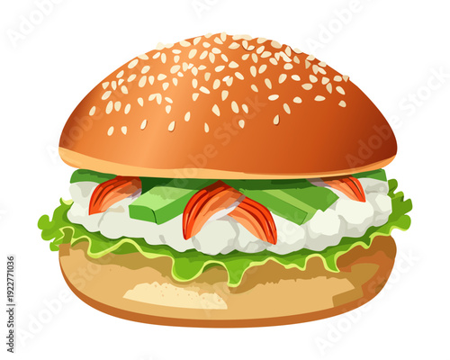 Gourmet fish burger with fresh lettuce and cucumber served on a toasted sesame seed bun for seafood - Vector Illustration
