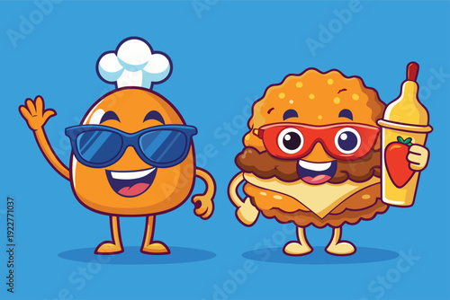 Funny food characters enjoying meal with sunglasses on