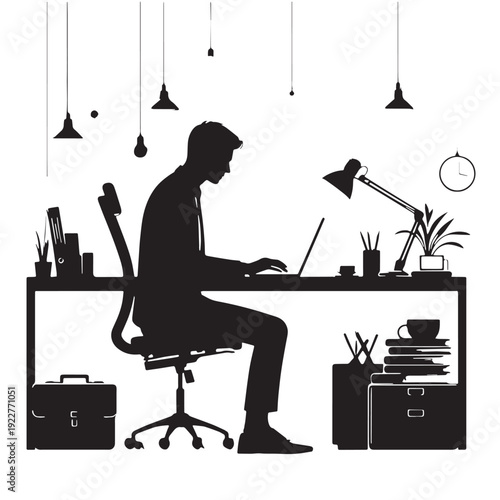 Black Laptop working person Silhouette Vector, High Quality Illustration on White Background