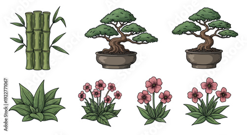 Botanical collection featuring various stylized potted plants including bamboo, miniature bonsai trees, and delicate flowering shrubs, perfect for gardening themes or natureinspired graphic
