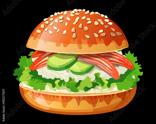 Deluxe salmon fillet burger with creamy spread and fresh greens for premium seafood bistro and cafe menus - Vector Illustration