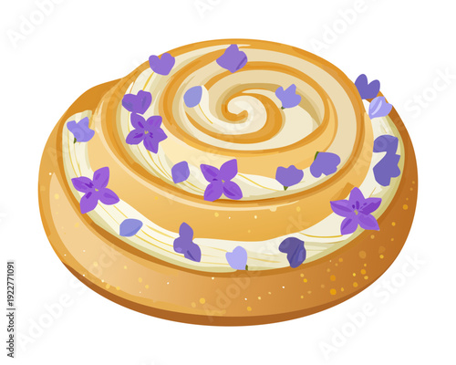 Glazed pastry bun decorated with lavender flowers and sweet cream for spring season bakery promotions and designs - Vector Illustration
