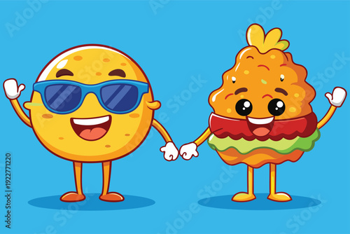 Funny food characters holding hands in playful pose