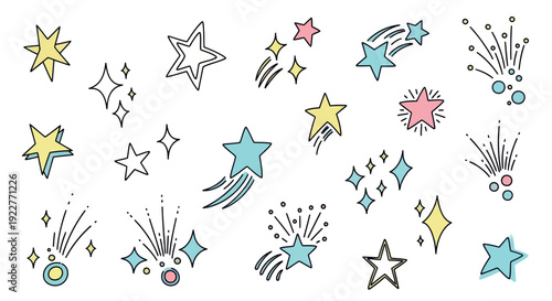 Assorted handdrawn doodle stars and sparkling bursts in cheerful pastel yellow pink and blue ideal for charming decorations, lively graphic overlays, and celebratory childrens projects.