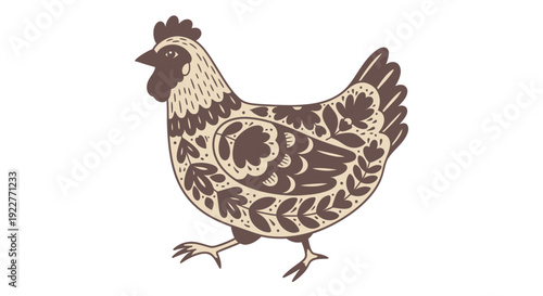 Decorative folk chicken walking gracefully with colorful floral patterns on its body, ideal for spring themes, farm animal decorations, or traditional event projects