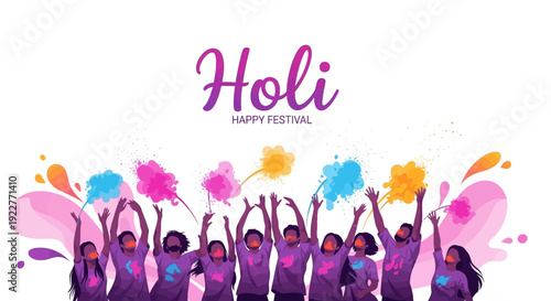 A group of people celebrating Holi Festival with colorful powder in a joyful and happy atmosphere with pink and purple hues against a white background