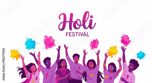 Colorful illustration of people celebrating Holi Festival with powder in a vibrant, abstract background, conveying a joyful and festive mood