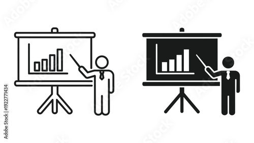 Business person icon presenting data on a projector screen during a meeting, showing a bar chart in outline and solid versions