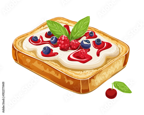 Gourmet breakfast toast with mixed berries honey and cream for nutritious morning meal and healthy cafe branding - Vector Illustration