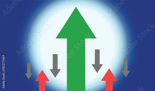 Green up arrow and red down arrows on blue background representing market trends financial growth and decline investment strategy concept