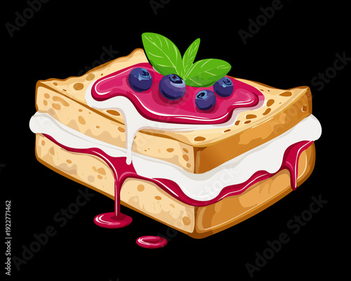 Layered dessert toast with blueberry jam and white cream for sweet snack and modern bakery cafe menu - Vector Illustration