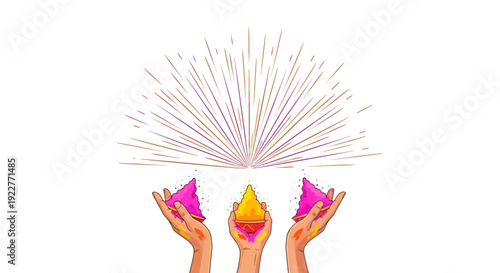 A colorful illustration of three hands holding pink and yellow powder puffs with a burst of colorful lines above on a white background