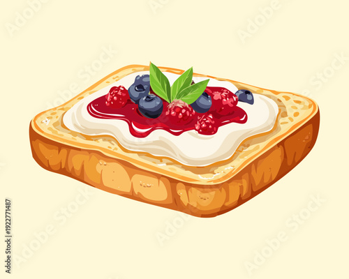Crispy toast topped with strawberry jam cream and fresh mint for healthy breakfast and brunch cafe menu - Vector Illustration