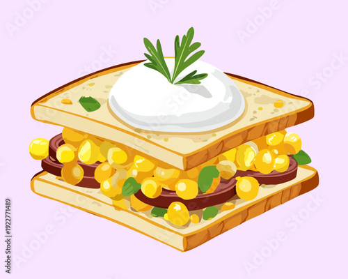 Savory breakfast toast with scrambled eggs corn and fresh herbs for healthy morning meal and cafe menu - Vector Illustration