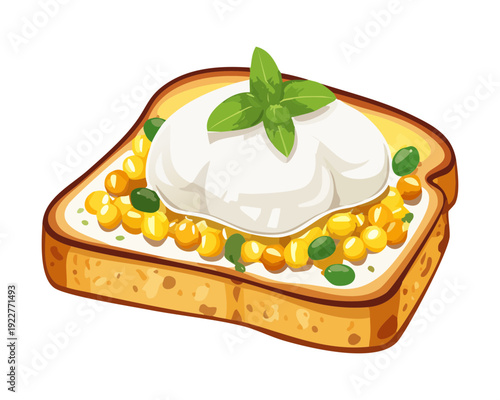 Healthy egg toast topped with corn and fresh basil for nutritious breakfast and vegetarian cafe menu design - Vector Illustration