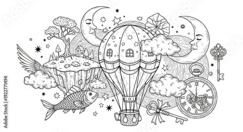 Fantasy hot air balloon soaring through a whimsical dreamscape with celestial elements.