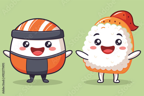 Happy sushi characters standing together playfully