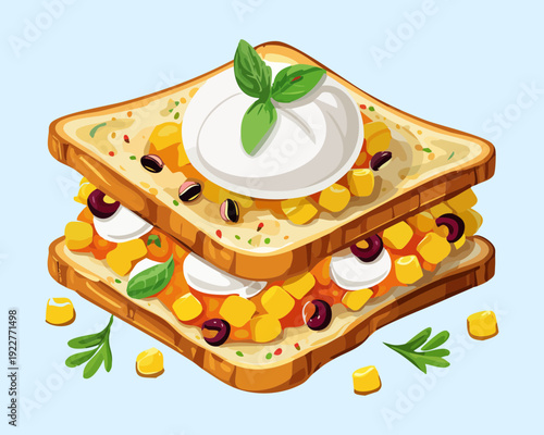 Triple decker breakfast sandwich with egg corn and fresh herbs for hearty morning meal and bistro menu - Vector Illustration