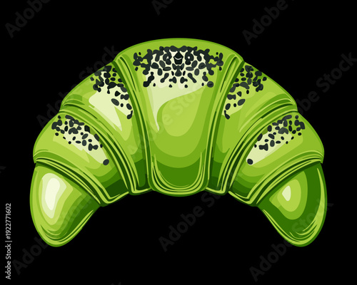 Green matcha croissant with black sesame seeds for healthy fusion bakery and trendy dessert cafe menu design - Vector Illustration