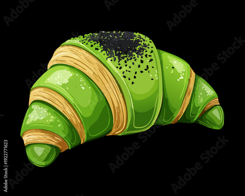 Gourmet green tea croissant with black sesame seeds for healthy lifestyle and modern bakery shop branding materials - Vector Illustration