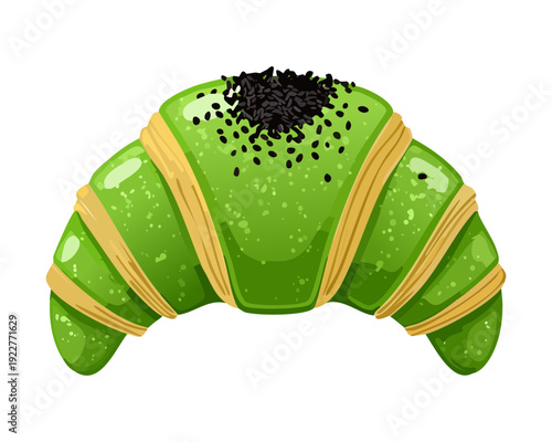 Vibrant matcha croissant with black sesame topping for creative bakery shop and healthy snack food design - Vector Illustration