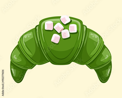Sweet matcha croissant topped with white marshmallows for creative dessert and trendy bakery shop menu design - Vector Illustration