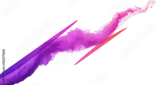 Vibrant purple and pink powder smoke trails swirl diagonally across a clean white background in a colorful abstract design