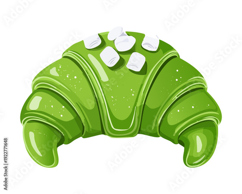 Green tea croissant with marshmallow toppings for healthy fusion dessert and modern bakery cafe branding designs - Vector Illustration