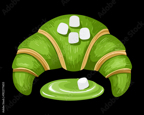 Creative matcha croissant filled with sweet cream and marshmallows for trendy bakery and dessert shop marketing - Vector Illustration