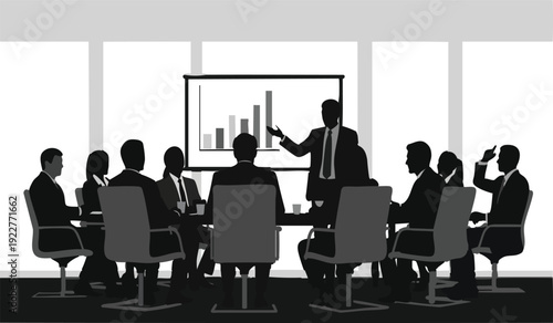 Executive giving corporate presentation to board members in conference room with bar charts on screen showing business growth revenue success analytic results