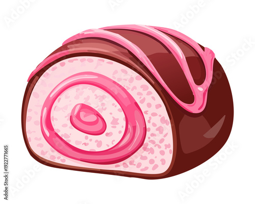 Pink strawberry swiss roll with sweet cream swirl for colorful dessert shop and bakery cafe menu design - Vector Illustration