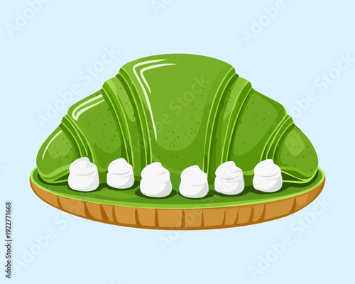 Gourmet matcha croissant with whipped cream and white marshmallows for aesthetic dessert cafe menu and branding - Vector Illustration