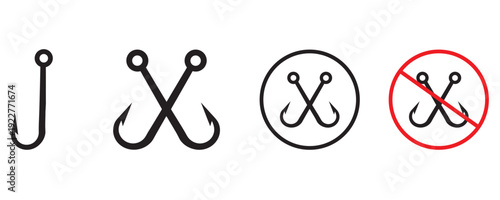 Fishing hooks collection,  fish hook logo icon, fishing hook silhouette vector illustration on a white background