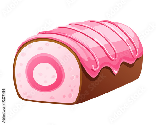 Creamy pink swiss roll with strawberry flavor for sweet morning treat and colorful bakery shop design - Vector Illustration