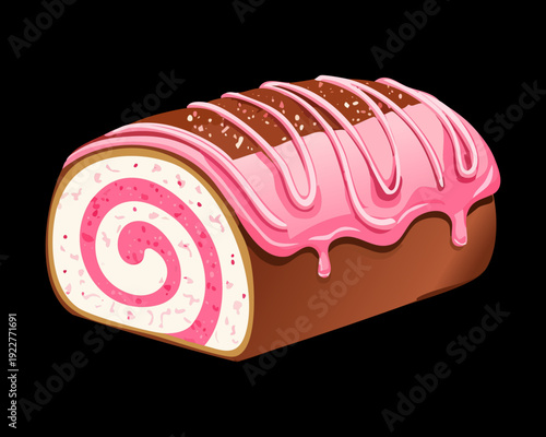 Sweet pink swiss roll with strawberry glaze and cream filling for romantic dessert and bakery branding - Vector Illustration