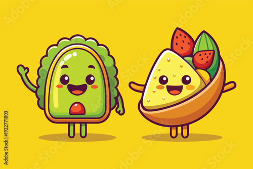 Cute cartoon guacamole and nachos characters being friendly