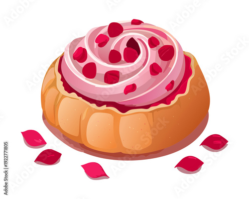 Sweet berry bun with pink icing and red sprinkles for romantic dessert and festive bakery shop branding - Vector Illustration