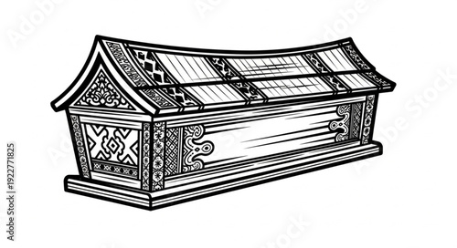 Detailed illustration of an ornate wooden coffin with intricate carvings and design.